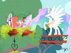 Size: 365x270 | Tagged: safe, imported from derpibooru, screencap, princess celestia, spike, alicorn, dragon, pony, feeling pinkie keen, animated, balcony, celestia's landing, cute, cutelestia, eyes closed, female, majestic as fuck, male, mare, mouth hold, nom, yoink