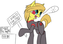 Size: 1450x1024 | Tagged: safe, artist:frecklesfanatic, imported from derpibooru, oc, oc only, oc:harvest song, cyborg, earth pony, pony, amputee, i never asked for this, mute, pony randomizer challenge, prosthetic limb, prosthetics, sigh, solo