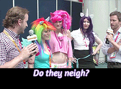 Size: 245x180 | Tagged: safe, imported from derpibooru, pinkie pie, rainbow dash, rarity, human, animated, clothes, cosplay, costume, image macro, irl, irl human, meme, photo, richard speight jr, rob benedict