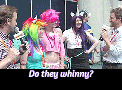 Size: 245x180 | Tagged: safe, imported from derpibooru, pinkie pie, rainbow dash, rarity, human, animated, clothes, cosplay, costume, image macro, irl, irl human, meme, photo, richard speight jr, rob benedict