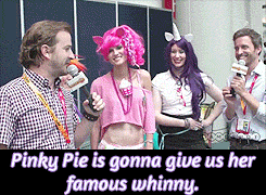 Size: 245x180 | Tagged: safe, imported from derpibooru, pinkie pie, rainbow dash, rarity, human, animated, clothes, cosplay, costume, image macro, irl, irl human, meme, photo, richard speight jr, rob benedict