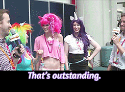 Size: 245x180 | Tagged: safe, imported from derpibooru, pinkie pie, rainbow dash, rarity, human, animated, clothes, cosplay, costume, image macro, irl, irl human, meme, photo, richard speight jr, rob benedict
