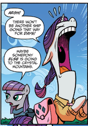 Size: 525x749 | Tagged: safe, artist:brendahickey, idw, imported from derpibooru, maud pie, rarity, earth pony, pony, unicorn, spoiler:comic, spoiler:comicff29, clothes, dialogue, faic, female, floppy ears, mare, open mouth, saddle bag, sweat, volumetric mouth, wat, why the long face
