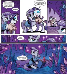 Size: 1335x1472 | Tagged: safe, artist:brendahickey, idw, imported from derpibooru, maud pie, rarity, bat, earth pony, pony, unicorn, spoiler:comic, spoiler:comicff29, cave, comic, crystal, official comic, smiling, when she smiles