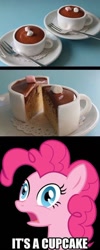 Size: 552x1381 | Tagged: safe, artist:flizzick, edit, imported from derpibooru, pinkie pie, earth pony, pony, too many pinkie pies, bust, cake, caption, cup, cupcake, derp, female, food, fork, frown, gasp, image macro, literal, mare, obligatory pony, open mouth, pun, shocked, solo, text, vector, wide eyes