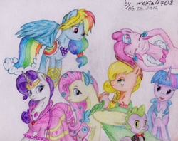 Size: 1200x952 | Tagged: safe, artist:marta4708, imported from derpibooru, applejack, fluttershy, pinkie pie, rainbow dash, rarity, spike, twilight sparkle, the best night ever, clothes, dress, gala dress, mane seven, mane six, traditional art