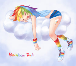 Size: 1280x1109 | Tagged: safe, artist:amy30535, imported from derpibooru, rainbow dash, human, clothes, cloud, converse, female, human on cloud, humanized, midriff, on a cloud, open mouth, rainbow socks, shoes, shorts, sleeping, sleeping on a cloud, sleeping on cloud, sneakers, snoring, socks, solo, striped socks, winged humanization, wristband