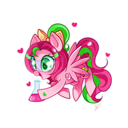 Size: 1200x1200 | Tagged: safe, artist:ipun, imported from derpibooru, oc, oc only, oc:precious metal, pegasus, pony, blushing, bow, female, flask, goggles, hair bow, heart, heart eyes, mare, simple background, solo, transparent background, wingding eyes