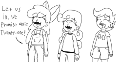 Size: 1600x817 | Tagged: safe, artist:sauruss, imported from derpibooru, apple bloom, scootaloo, sweetie belle, human, blatant lies, cutie mark crusaders, dialogue, humanized, monochrome, moustache, obvious lie is obvious, seems legit, sketch, smiling