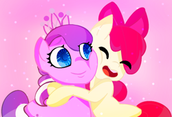 Size: 1074x732 | Tagged: safe, artist:kissykiss1987, imported from derpibooru, apple bloom, diamond tiara, adorabloom, cute, diamondbetes, diamondbloom, female, hug, lesbian, open mouth, shipping, tiaralove