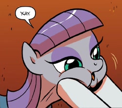 Size: 548x484 | Tagged: safe, artist:brendahickey, idw, imported from derpibooru, maud pie, rarity, pony, spoiler:comic, spoiler:comicff29, :o, okay, open mouth, puffy cheeks, reaction image, solo focus, squishy cheeks