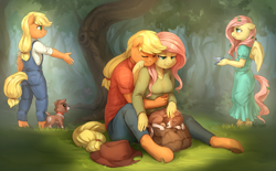 Size: 2920x1812 | Tagged: safe, artist:audrarius, imported from derpibooru, applejack, fluttershy, winona, anthro, bird, unguligrade anthro, appleshy, blushing, breasts, clothes, colored pupils, cute, daaaaaaaaaaaw, dress, eyes closed, female, flashback, floppy ears, forest, hug, hug from behind, implied tail hole, jeans, lesbian, lidded eyes, looking down, overalls, pants, petting, scenery, shipping, shirt, sweater, sweatershy, tongue out, younger