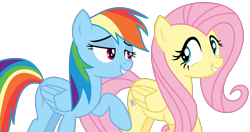 Size: 5269x2791 | Tagged: safe, artist:sketchmcreations, imported from derpibooru, fluttershy, rainbow dash, flutter brutter, can i do it on my own, happy, inkscape, looking at each other, raised hoof, simple background, smiling, transparent background, vector