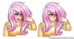 Size: 938x500 | Tagged: safe, artist:racoonsan, imported from derpibooru, fluttershy, human, flutter brutter, breasts, busty fluttershy, clothes, cute, cyan eyes, digital art, female, human female, humanized, light skin, long hair, messy mane, open mouth, pink hair, scene interpretation, shyabetes, simple background, solo, sweater, sweatershy, white background