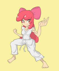 Size: 4000x4800 | Tagged: safe, artist:janji009, imported from derpibooru, apple bloom, human, adorabloom, apple brawn, barefoot, clothes, cute, feet, female, gi, humanized, karate, karatebloom, light skin, martial arts, muscles, pants, ripped sleeves, robe, solo, trousers, white belt