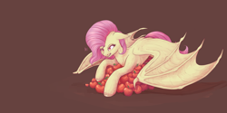 Size: 4000x2000 | Tagged: safe, artist:nightskrill, imported from derpibooru, fluttershy, bat pony, pony, apple, female, flutterbat, food, race swap, solo, that pony sure does love apples, unshorn fetlocks