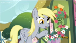 Size: 1920x1080 | Tagged: safe, imported from derpibooru, screencap, derpy hooves, pegasus, pony, slice of life (episode), discovery family logo, female, mare, raised hoof, solo