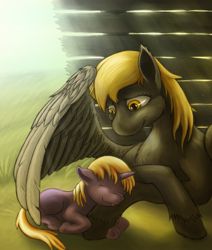 Size: 1024x1210 | Tagged: safe, artist:fatninjah, imported from derpibooru, derpy hooves, dinky hooves, pegasus, pony, crepuscular rays, duo, equestria's best mother, female, leg hug, mare, prone, sleeping, unshorn fetlocks