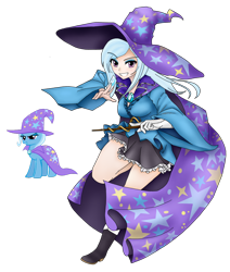 Size: 1024x1205 | Tagged: safe, artist:magico-enma, imported from derpibooru, trixie, human, cape, clothes, eyeshadow, female, hat, human ponidox, humanized, light skin, looking at you, makeup, simple background, skirt, smiling, solo, transparent background, trixie's cape, trixie's hat, wand