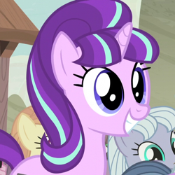 Size: 606x606 | Tagged: safe, imported from derpibooru, screencap, dusk drift, starlight glimmer, pony, unicorn, season 5, the cutie map, cute, equalized, equalized mane, face, female, glimmerbetes, grin, mare, puppy dog eyes, s5 starlight, smiling, solo focus, squee, when she smiles, wide eyes