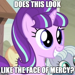 Size: 500x500 | Tagged: safe, edit, edited screencap, imported from derpibooru, screencap, dusk drift, starlight glimmer, pegasus, pony, unicorn, the cutie map, cute, equalized, equalized mane, face of mercy, female, glimmerbetes, image macro, mare, meme, s5 starlight, smiling, solo focus, when she smiles