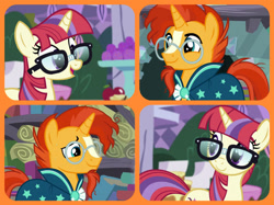 Size: 1023x767 | Tagged: safe, edit, edited screencap, imported from derpibooru, screencap, moondancer, sunburst, beard, collage, crack shipping, cute, facial hair, glasses, looking back, love, open mouth, shipping, smiling, sundancer