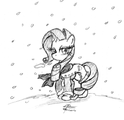 Size: 1848x1784 | Tagged: safe, artist:leadhooves, imported from derpibooru, rarity, pony, unicorn, clothes, female, mare, monochrome, scarf, snow, snowfall, solo, traditional art