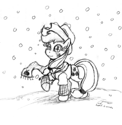 Size: 1648x1688 | Tagged: safe, artist:leadhooves, imported from derpibooru, applejack, earth pony, pony, clothes, female, mare, monochrome, raised hoof, scarf, snow, snowfall, solo, winter