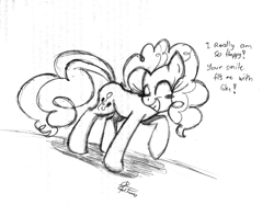 Size: 2360x1864 | Tagged: safe, artist:leadhooves, imported from derpibooru, pinkie pie, earth pony, pony, female, mare, monochrome, smile song, solo, text, traditional art