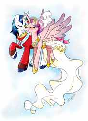 Size: 2552x3508 | Tagged: safe, artist:chibi-jen-hen, imported from derpibooru, princess cadance, shining armor, alicorn, pony, unicorn, boop, clothes, dress, eyes closed, female, male, mare, noseboop, shiningcadance, shipping, stallion, straight, wedding dress