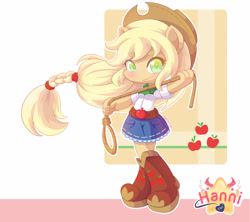 Size: 3096x2755 | Tagged: safe, artist:hanni-tan, imported from derpibooru, applejack, equestria girls, blushing, boots, chibi, clothes, cowboy hat, cute, denim skirt, female, hat, jackabetes, lasso, ponied up, rope, skirt, solo, stetson