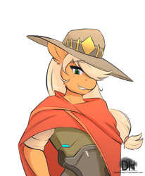 Size: 981x1189 | Tagged: safe, artist:sugarlesspaints, edit, imported from derpibooru, applejack, anthro, cheek fluff, clothes, costume, cropped, crossover, cute, eyebrows, eyebrows visible through hair, female, hair over one eye, hat, jackabetes, jesse mccree, looking at you, mccreejack, overwatch, poncho, questionable source, simple background, solo, white background