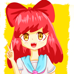 Size: 1024x1024 | Tagged: safe, artist:39miruku, imported from derpibooru, apple bloom, human, adorabloom, cute, female, humanized, open mouth, peace sign, solo