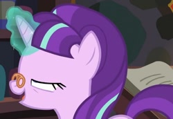 Size: 691x476 | Tagged: safe, imported from derpibooru, screencap, snowfall frost, starlight glimmer, pony, a hearth's warming tail, cropped, euphoric, female, glasses, invisible stallion, magic, mare, out of context, solo, telekinesis