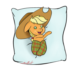 Size: 1043x1077 | Tagged: safe, artist:dotdotdotfreak, imported from derpibooru, applejack, babyjack, blanket, female, foal, pillow, solo