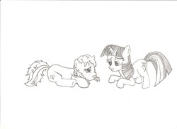 Size: 14028x10200 | Tagged: safe, artist:nopony-special, imported from derpibooru, twilight sparkle, oc, oc:heartbreak, earth pony, pony, absurd resolution, branding, duo, female, heart, human in equestria, human to pony, lineart, lip bite, lying, lying down, male to female, mare, messy mane, monochrome, my little heartbreak, rule 63, sketch, teeth, traditional art, worried