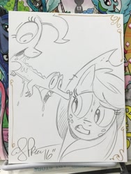 Size: 1536x2048 | Tagged: safe, artist:andypriceart, imported from derpibooru, applejack, gummy, pinkie pie, xenomorph, alien (franchise), alien 3, alien take, monochrome, parody, traditional art, wat