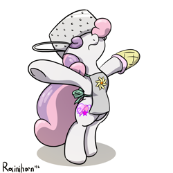 Size: 1600x1600 | Tagged: safe, artist:rainihorn, imported from derpibooru, sweetie belle, pony, alternate cutie mark, apron, bipedal, clothes, colander, dark souls, female, oven mitts, praise the sun, simple background, solo, white background