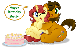 Size: 2720x1727 | Tagged: safe, artist:aleximusprime, imported from derpibooru, oc, oc only, oc:alex the chubby pony, oc:eilemonty, birthday cake, cake, eilemonty, food, happy birthday, hug, open mouth, ponysona, simple background, transparent background