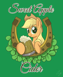 Size: 1024x1243 | Tagged: safe, artist:steffy-beff, imported from derpibooru, applejack, earth pony, pony, applejack's hat, cider, clover, cowboy hat, female, four leaf clover, freckles, green background, hat, horseshoes, looking at you, mare, poster, simple background, smiling, solo, stetson