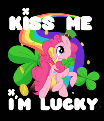 Size: 1024x1199 | Tagged: safe, artist:steffy-beff, imported from derpibooru, pinkie pie, earth pony, pony, bronybait, clover, coin, cute, diapinkes, female, four leaf clover, hat, holiday, mare, mouth hold, poster, profile, rainbow, saint patrick's day, solo