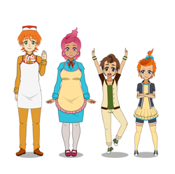 Size: 1264x1260 | Tagged: safe, artist:kathara_khan, imported from derpibooru, carrot cake, cup cake, pound cake, pumpkin cake, human, apron, bowtie, bracelet, cake family, cake twins, clothes, converse, dress, ear piercing, earring, group, hair bow, hat, humanized, jewelry, jumping, kisekae, mary janes, older, pants, pantyhose, piercing, shirt, shoes, shorts, simple background, skirt, sneakers, socks, thigh highs, white background