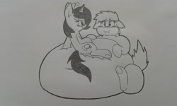 Size: 2560x1536 | Tagged: safe, artist:chromchill12, imported from derpibooru, oc, oc only, oc:chromie, belly, belly bed, belly button, blushing, fat, female, impossibly large belly, lineart, monochrome, obese, traditional art