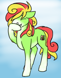 Size: 699x895 | Tagged: safe, artist:tempusfidgets, imported from derpibooru, oc, oc only, oc:mango tango, hoof over mouth, simple background, snickering, solo