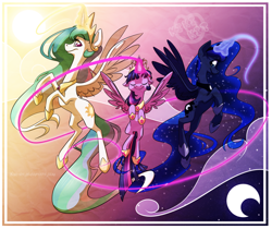 Size: 1024x861 | Tagged: safe, artist:kiki-kit, imported from derpibooru, princess celestia, princess luna, twilight sparkle, alicorn, pony, elements of harmony, jewelry, princess shoes, regalia, twilight sparkle (alicorn)