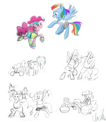 Size: 1000x1154 | Tagged: safe, artist:romaniz, imported from derpibooru, pinkie pie, pound cake, pumpkin cake, rainbow dash, exercise, headband, sketch, sketch dump, workout