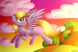 Size: 3000x2000 | Tagged: safe, artist:spirit-dude, imported from derpibooru, derpy hooves, pegasus, pony, cloud, female, flying, hill, looking up, mare, solo, sunset, tree