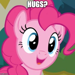 Size: 500x500 | Tagged: safe, edit, edited screencap, imported from derpibooru, screencap, pinkie pie, bronybait, cute, diapinkes, female, hug, hug request, image macro, meme, solo