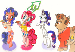 Size: 1024x712 | Tagged: safe, artist:zephyrshy, imported from derpibooru, coriander cumin, pinkie pie, rarity, saffron masala, pony, spice up your life, bipedal, both cutie marks, cute, dancing, traditional art