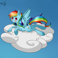 Size: 2000x2000 | Tagged: safe, artist:tomat-in-cup, imported from derpibooru, rainbow dash, pegasus, pony, backwards cutie mark, cloud, female, mare, on a cloud, prone, signature, solo